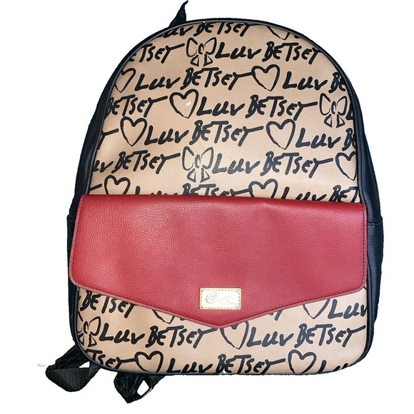 Luv Betsey by Betsey Johnson Handbags - Luv Betsey Betsey Johnson Mini Backpack Tan Red Black Hearts Y2K
